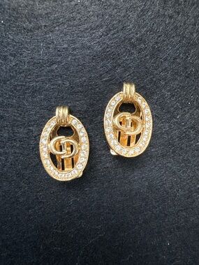 Vintage Christian Dior CD Logo Crystal Pave Oval Clip-On Earrings Gold Germany